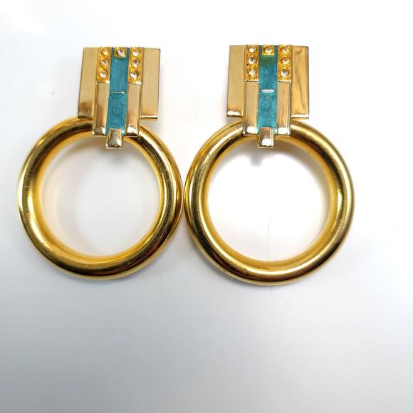 Large Gold Hoop Earrings with Turquoise Accent Retro Statement Jewelry for Women - Picture 1 of 10